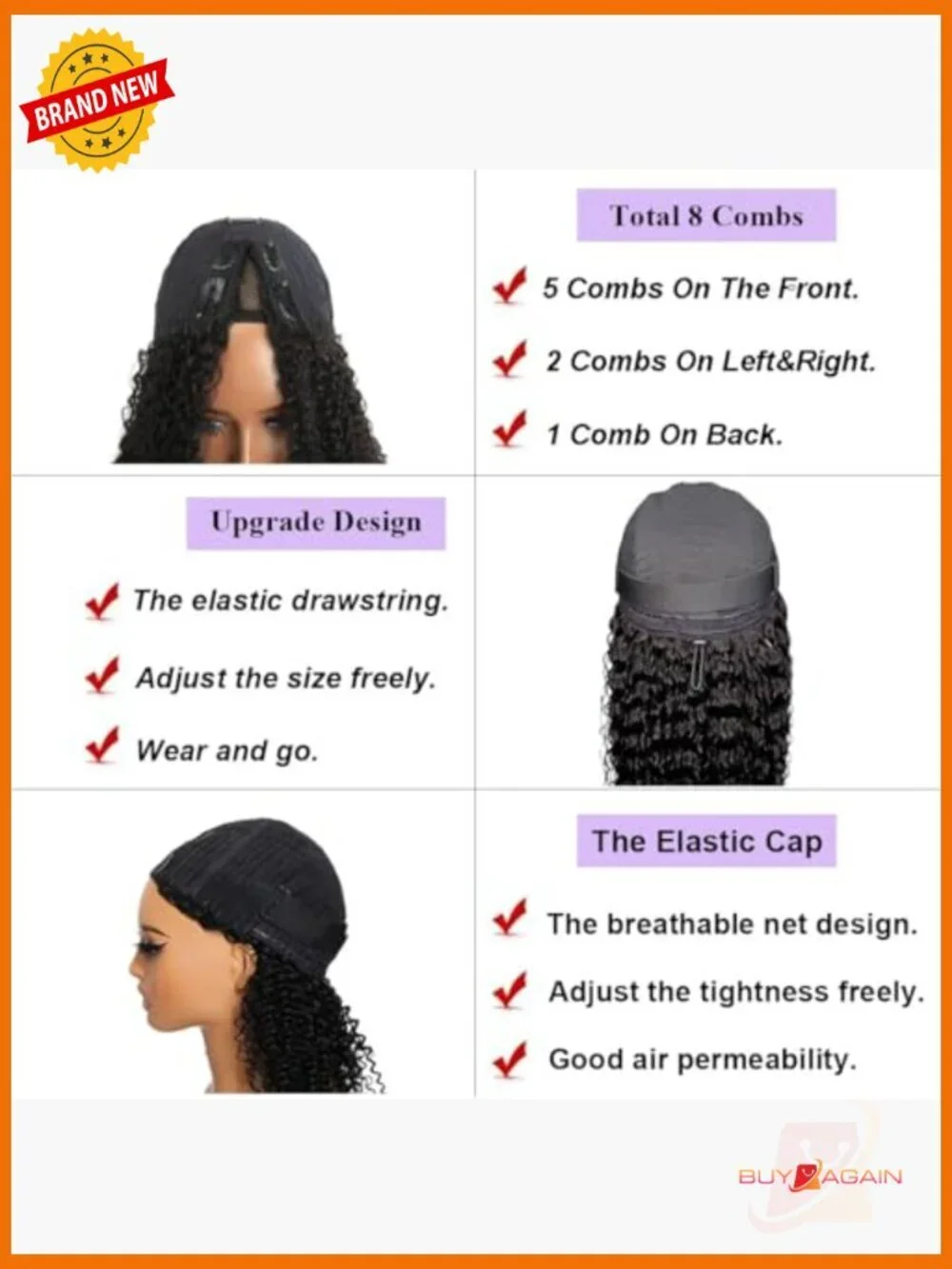 V Part Curly Wig Human Hair 180% Density Glueless Wear and Go Half Wig 16in